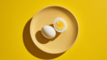 Two halves of boiled eggs are arranged on a round yellow plate. The rich yolk is prominently displayed, creating an appealing contrast against the soft white.の素材