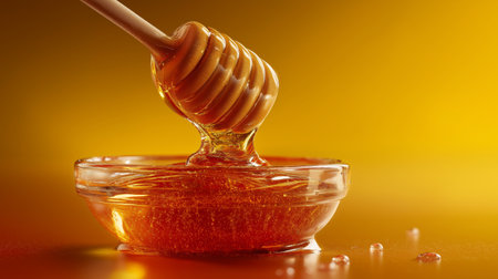 A wooden dipper removes golden honey from a clear glass bowl. The warm, glowing backdrop highlights the honey's rich color, creating an inviting and sweet atmosphere.の素材