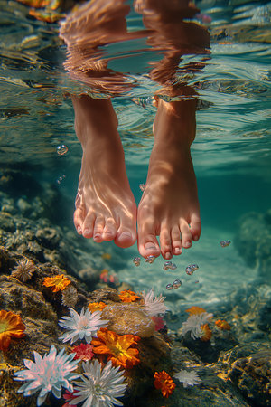 beautiful woman's feet on water, underwater artworkの素材