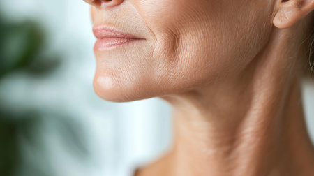 A woman smiles softly, revealing her well-defined jawline and the smooth texture of her skin. Natural light highlights her features against a blurred, green background.の素材