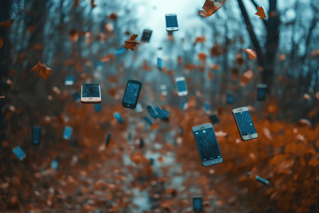 Cell phones falling down and crashing.Gadget Addiction Concept. High quality illustrationの素材