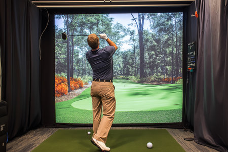 Golfer playing golf in indoor simulator Mixed media. golf simulatの素材