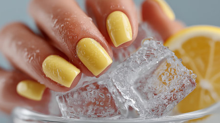 Two hands with bright yellow nails are gently holding clear ice cubes. Fresh lemon slices lie nearby, suggesting a refreshing drink on a warm summer afternoon, evoking feelings of coolness and joy.の素材