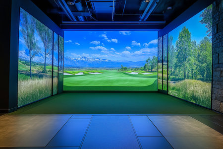 modern futuristic indoor golf simulator room interior design professional photograpの素材