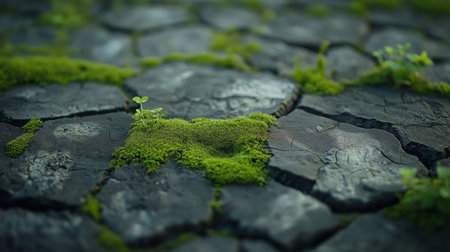 High quality photo of a cracked, dried mud texture, symbolizing despair and struggle, with delicate green moss growing in the cracks, representing hope and renewal. The close-up emphasizes the contrast between the rough surface and the soft greeneryの素材