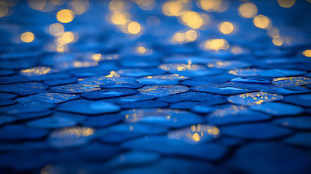 Raindrops collect on a textured blue surface, reflecting warm, blurred lights. This captures a tranquil nighttime atmosphere, evoking calmness and beauty.の素材