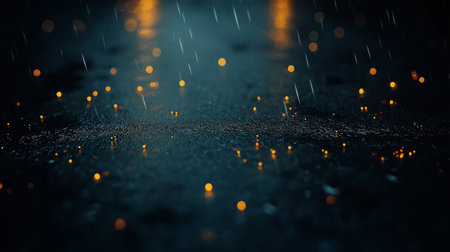 Raindrops cascade from above, splashing onto a dark surface that glistens under ambient lights. The tranquil evening is filled with soft sounds of rain, creating a peaceful ambiance.の素材