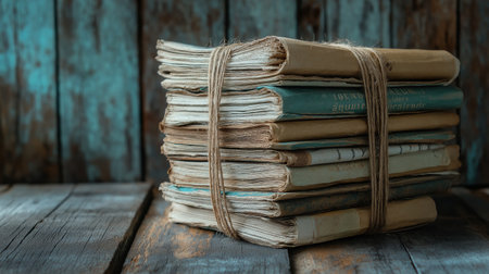 High quality photo: Stacked newspapers bound with twine, placed on a vintage wooden surface with natural, moody lightingの素材