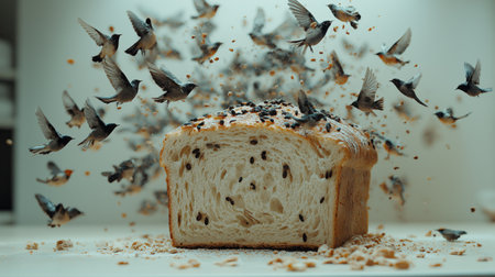 A loaf of bread sits on a kitchen counter while small birds fly around it. Pieces of bread are scattered, creating an energetic and whimsical atmosphere that captivates the viewer.の素材