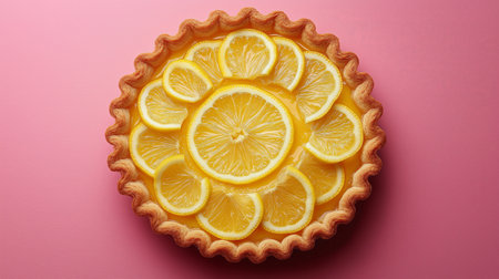 A beautifully crafted lemon tart features a glossy filling and is adorned with circular lemon slices. The vibrant yellow filling contrasts with the pink background, creating an appealing display.の素材