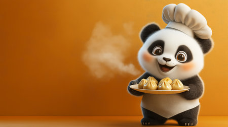 A cheerful panda, dressed as a chef, proudly presents a plate of steaming dumplings. The warm orange backdrop adds vibrancy to the delightful culinary display.の素材