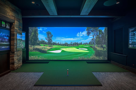 modern indoor golf simulator club interior design professional photographの素材