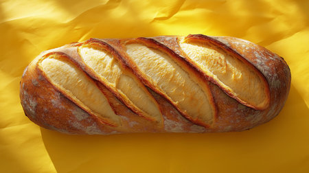 A round loaf of artisan bread rests on a vibrant yellow surface. The crust is golden brown with distinct slashes, showcasing a freshly baked appearance. The warm colors create an inviting atmosphere.の素材