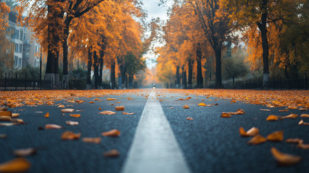Empty road with autumn leaves in city in autumn time. High quality illustrationの素材