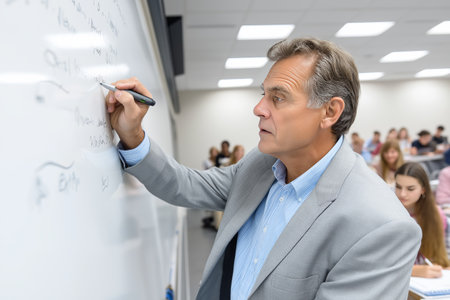 Mature businessman writing on whiteboard in front of a group of peopleの素材