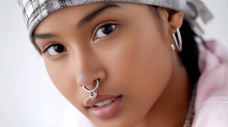 Portrait of beautiful asian woman with earring on white backgroundの素材