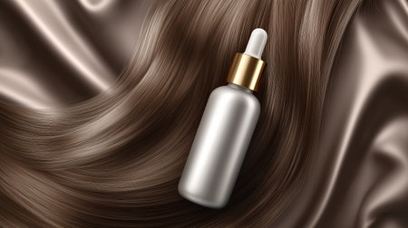 Mockup of silver cosmetic bottle with dropper on brown silk background. 3d renderingの素材
