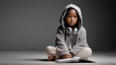 little asian boy in hood sitting on floor and reading a bookの素材