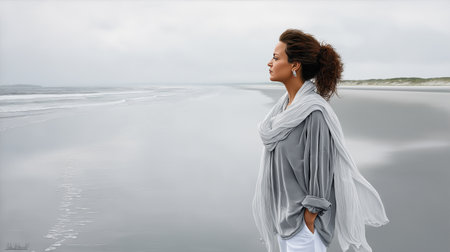Portrait of a beautiful young African American woman wearing a gray shawl on the beach.の素材