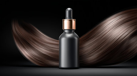 Black glass dropper bottle with shiny brown hair on black background.の素材