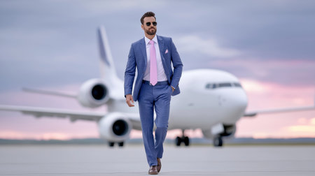 businessman in suit and sunglasses walking on the runway with airplane backgroundの素材