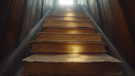 Old books on a wooden staircase in the old school. Retro style.の素材