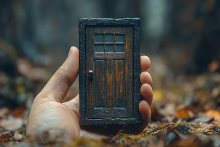 Hand holding a wooden door in the forest. The concept of mystery.の素材