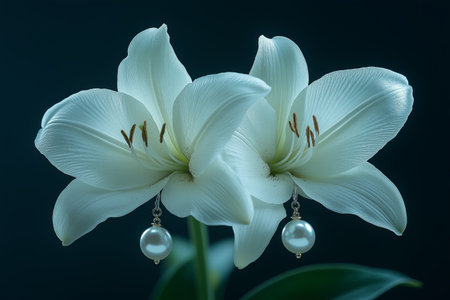 Beautiful white lily with earrings on a dark background.の素材