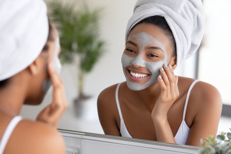 happy african american woman with face mask looking at mirror in bathroomの素材