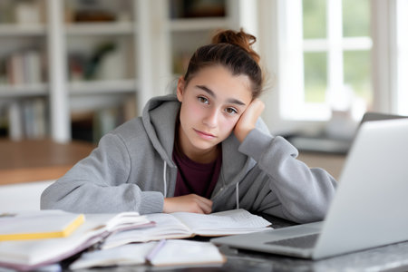 Portrait of a teenage girl studying at home on a laptop computerの素材