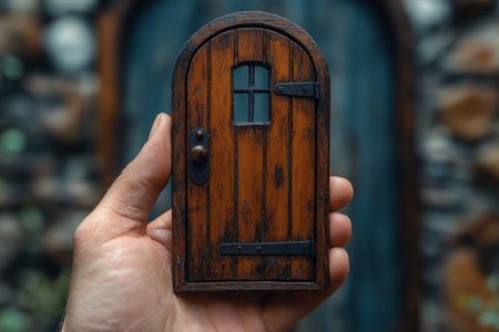 Wooden door in hand on a background of a stone wall.の素材