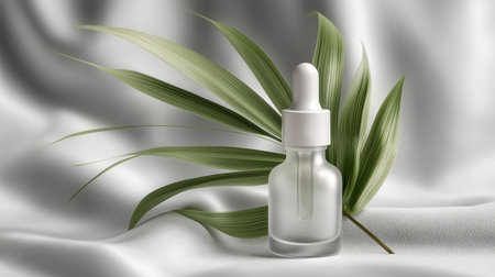 Skin care serum or essential oil in a glass bottle with green leaves. 3D illustration.の素材