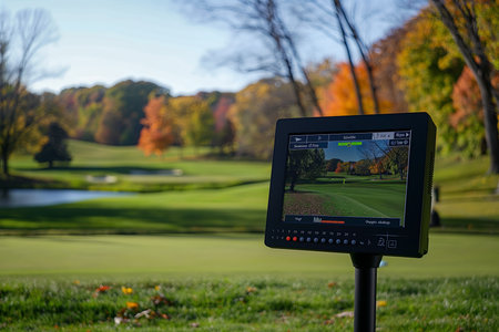 Golf course in the fall with a beautiful view of the laの素材