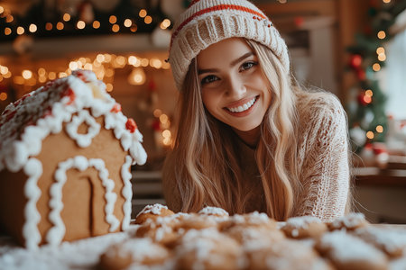 A joyful woman carefully decorates a delightful gingerbread house, creating festive cheer in her cozy kitchenの素材