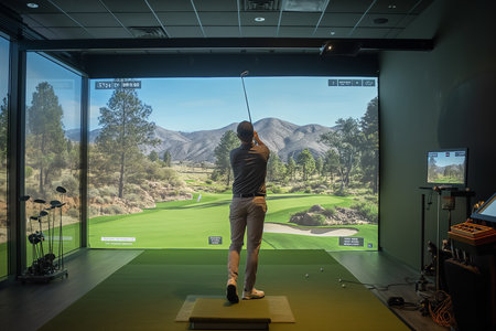 Golfer playing golf in indoor simulator Mixed media. golf simulatoの素材