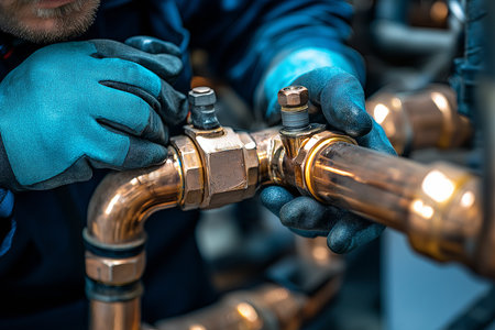 A professional plumber is carefully inspecting a copper plumbing system with a variety of tools in handの素材
