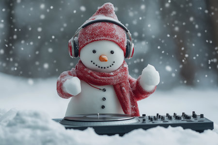 Snowman with headphones and turntable on snowy background. Christmas music concepの素材