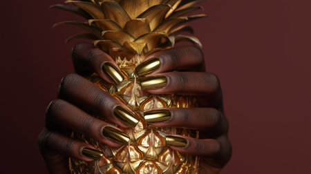 A pair of hands grips a golden pineapple, showcasing glossy gold nails, against a rich dark backdrop. The striking contrast highlights the elegance and uniqueness of the composition.の素材