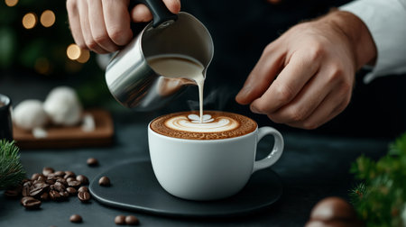 A skilled barista pours steamed milk into a cup of coffee, creating intricate latte art. The cafe is warmly decorated for the holidays, with festive lights in the background.の素材