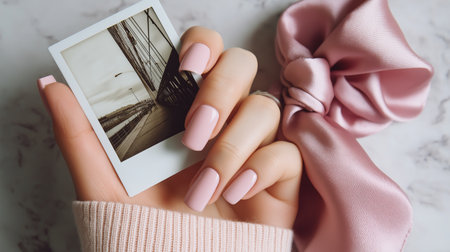 baby pink manicure,hand holding polaroid picture,tied silk scarf on wristの素材