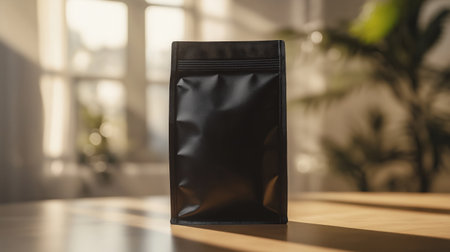 A black packaging bag stands upright on a wooden table, illuminated by sunlight streaming through large windows in a cozy indoor setting. The surroundings suggest a tranquil environment.の素材