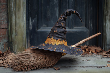 witch hat and broom lyind on the ground. halloween theme. High quality illustrationの素材