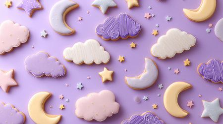 Decorative cookies shaped like moons, clouds, and stars are beautifully arranged on a soft purple background, creating a whimsical atmosphere perfect for a celebration.の素材