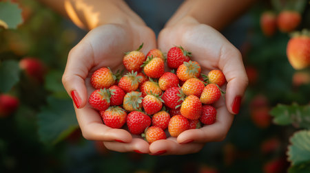 Delicate hands cradle a bountiful harvest of ripe strawberries, showcasing vivid colors in a lush garden during the summer season, surrounded by greenery and sunlight.の素材