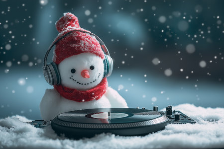Snowman with headphones and turntable on snowy background. Christmas music concepの素材