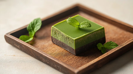 High quality photo of a single square of vibrant green matcha chocolate, resting on a wooden tray with a sprig of fresh mint nearby, against a soft beige backgroundの素材