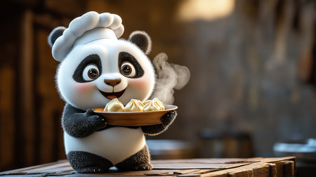 A cheerful panda, dressed as a chef, proudly presents a plate of steaming dumplings. The warm orange backdrop adds vibrancy to the delightful culinary display.の素材