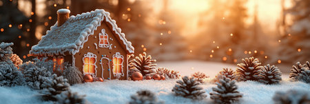 creative christmas banner with gingerbread house and copy space. High quality illustrationの素材