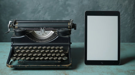 High quality photo of an old typewriter placed on a sleek, modern glass desk next to a tablet displaying a blank document.の素材