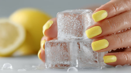 Two hands with bright yellow nails are gently holding clear ice cubes. Fresh lemon slices lie nearby, suggesting a refreshing drink on a warm summer afternoon, evoking feelings of coolness and joy.の素材